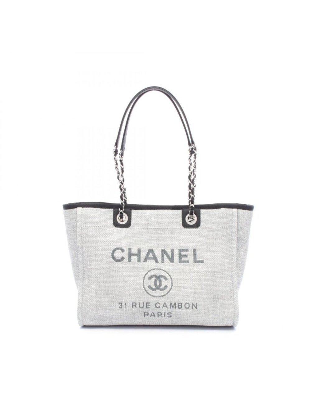 Chanel Tote Bag Deauville Gray Black Leather Chain MM